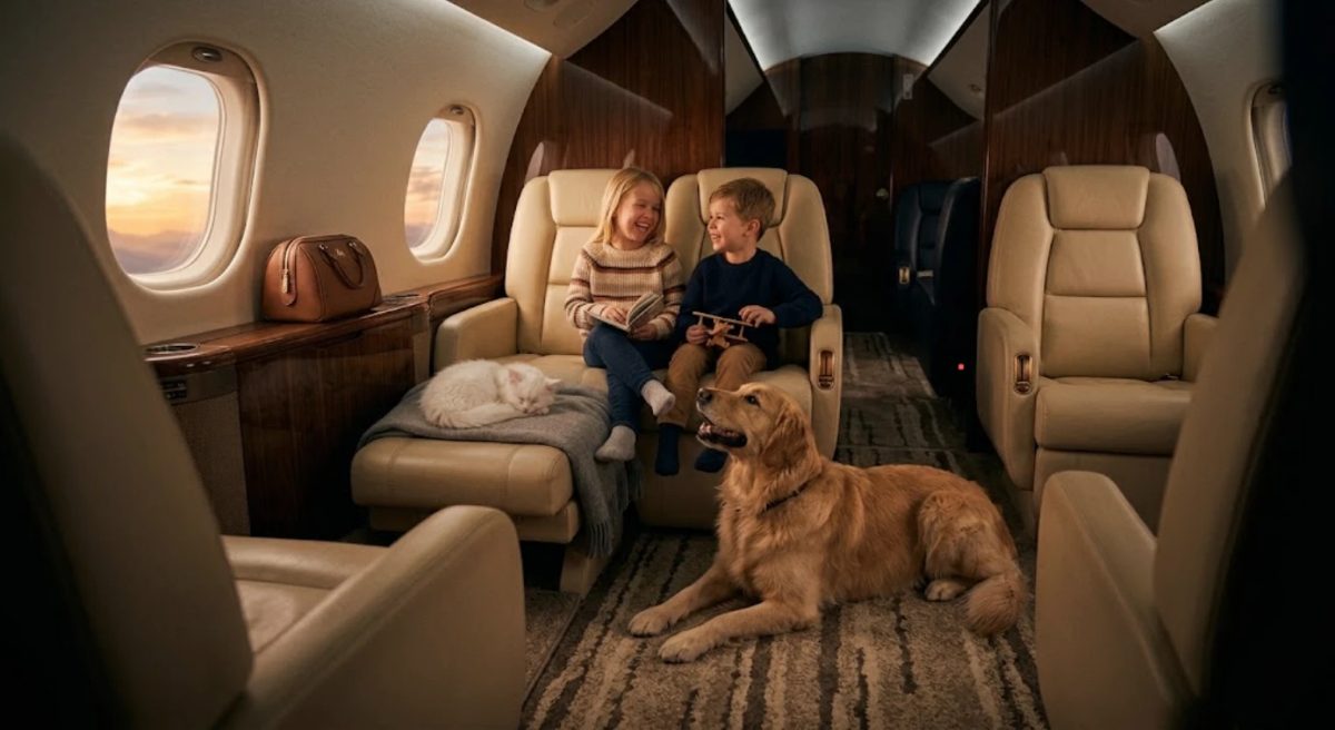Two children with a golden retriever and a white cat in a private jet cabin
